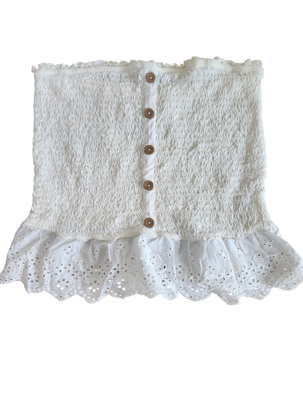 SO Strapless White Smocked Eyelet Ruffle Button Front Shirt XL